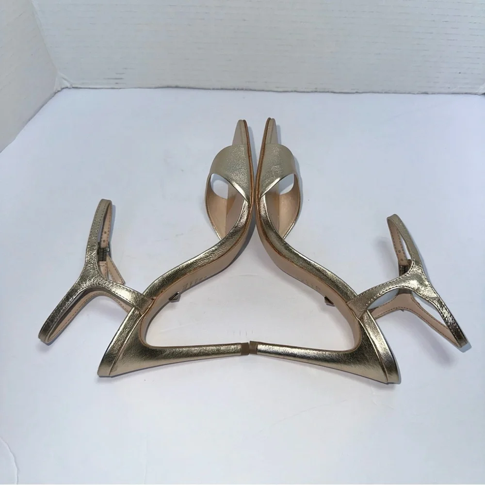 SCHUTZ Women’s Metallic Gold Jade Leather Strappy Stiletto Sandals- Size 7.5
